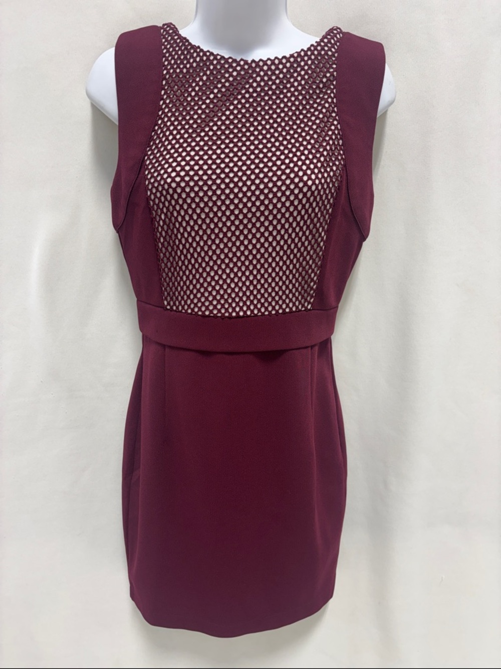 Sleeveless Wine Mini Dress with Mesh Front Panel